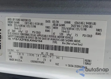 2020 Ford Transit-350 Passenger Van Xlt из США, поврежденный, VIN 1FBAX2Y83LKA42164